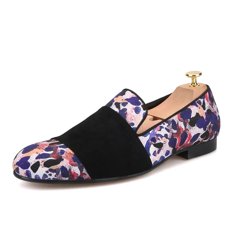 Loafers for Men in Animal Print Cotton Fabric with Black Suede Straps Casual Style for Parties, Banquets and Prom