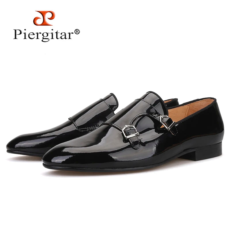 Piergitar New Black Color Patent Leather Men's Dress Shoes With Metal Buckles Fashion Party And Wedding Men Loafers Plus Size