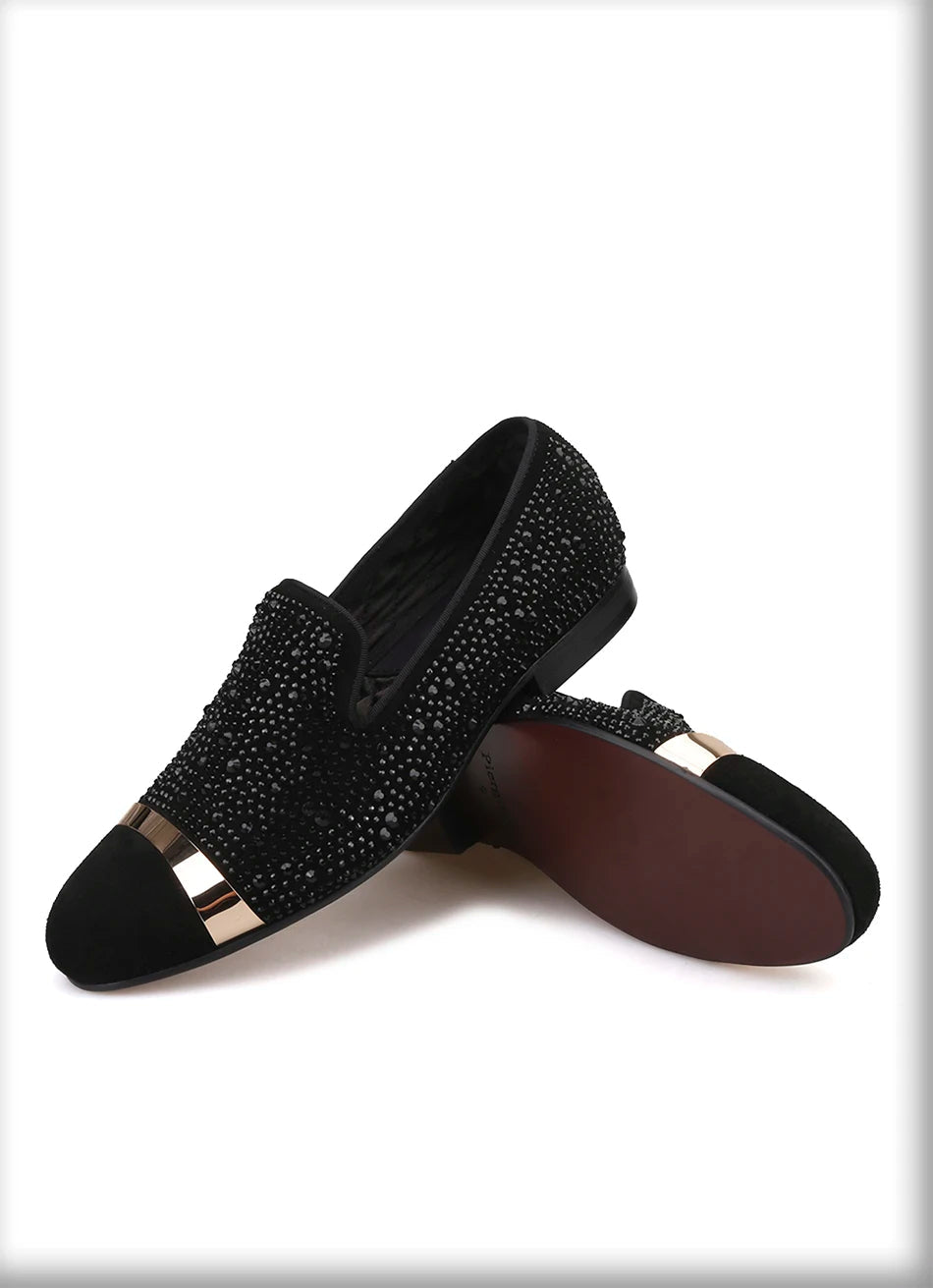 Handmade Black Diamonds men's suede loafer with gold strap and leather insole, for banquets and prom