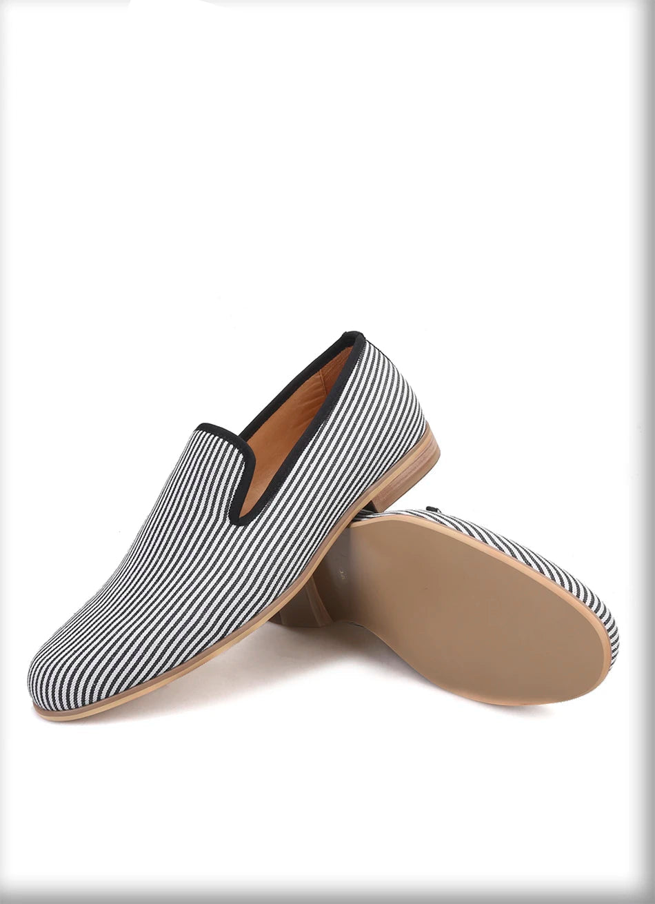 New British style mens loafers Black striped canvas fashion mens smoking slippers plus-size male flats