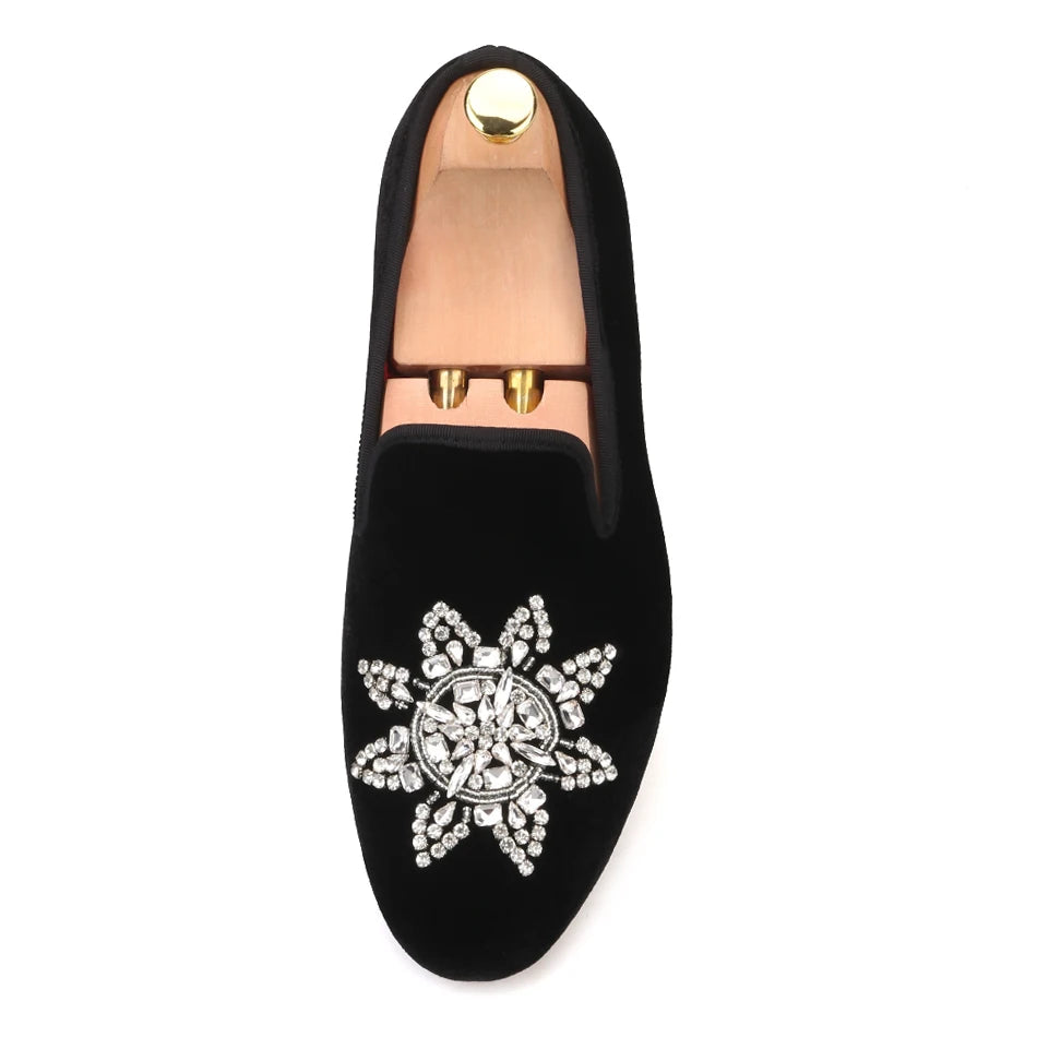 Piergitar New Style Black velvet Men Loafers with Silver Rhinestone Fashion Party and Banquet men's casual shoes slip-on