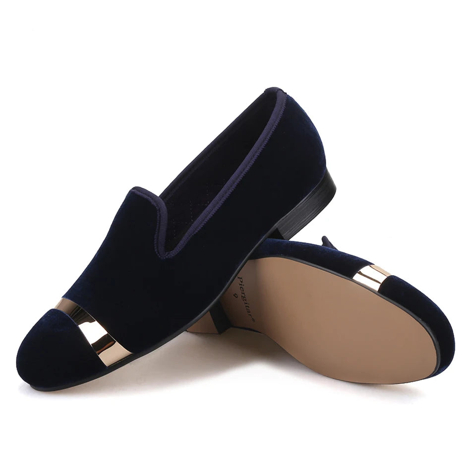 Piergitar new style Handmade men navy velvet shoes with gold metal on shoes toe fashion party wedding and banquet male loafers