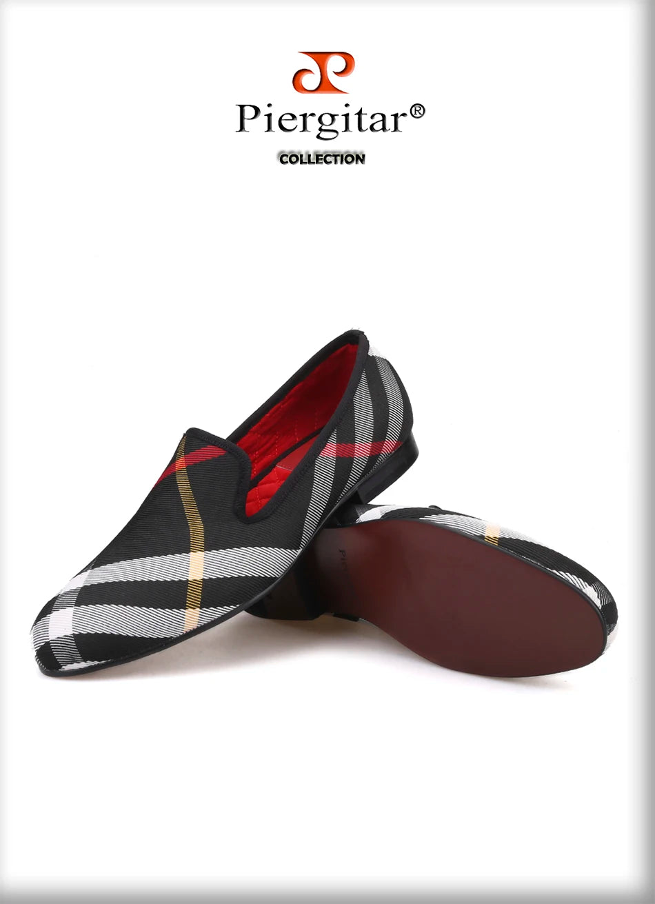 Piergitar Blue and white plaid canvas shoes luxurious brand men loafers black pig leather insole men's casual shoes men's flats