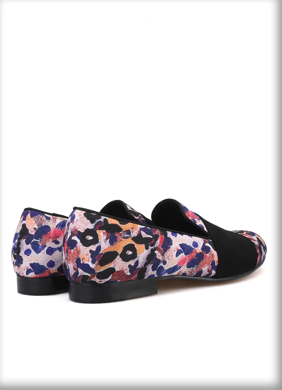 Loafers for Men in Animal Print Cotton Fabric with Black Suede Straps Casual Style for Parties, Banquets and Prom