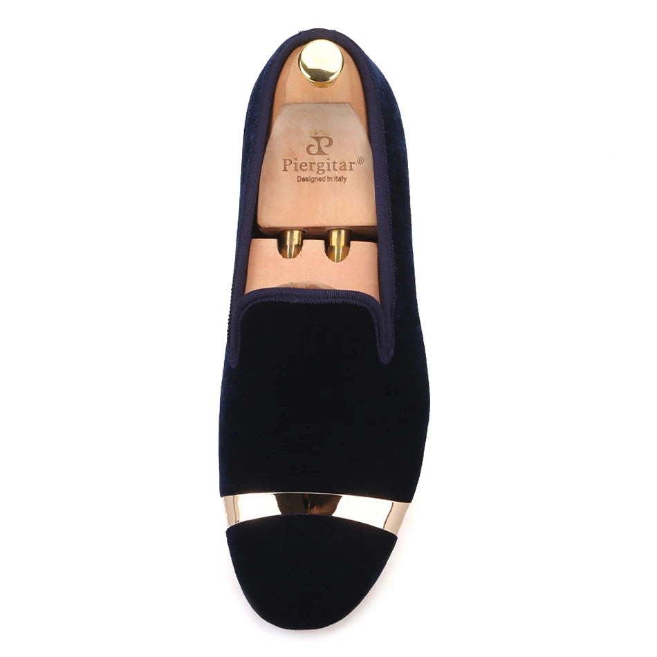 Piergitar new style Handmade men navy velvet shoes with gold metal on shoes toe fashion party wedding and banquet male loafers