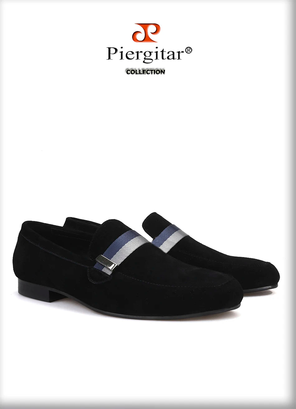 Piergitar Handcraft Men suede shoes with mixed lace Men Smoking Slipper Fashion Party and banquet men's loafers Plus size