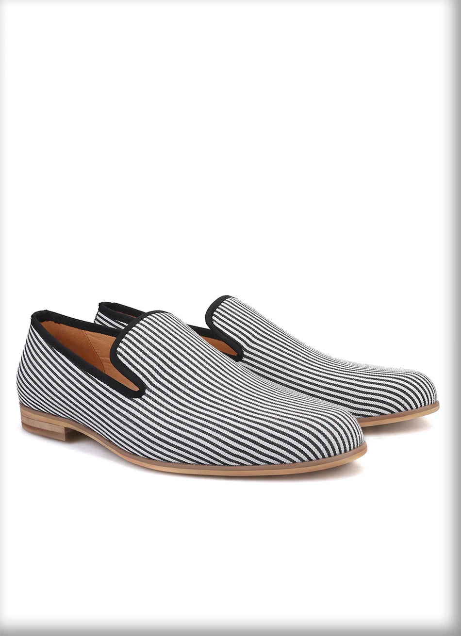 New British style mens loafers Black striped canvas fashion mens smoking slippers plus-size male flats