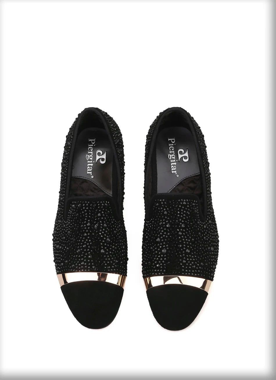 Handmade Black Diamonds men's suede loafer with gold strap and leather insole, for banquets and prom