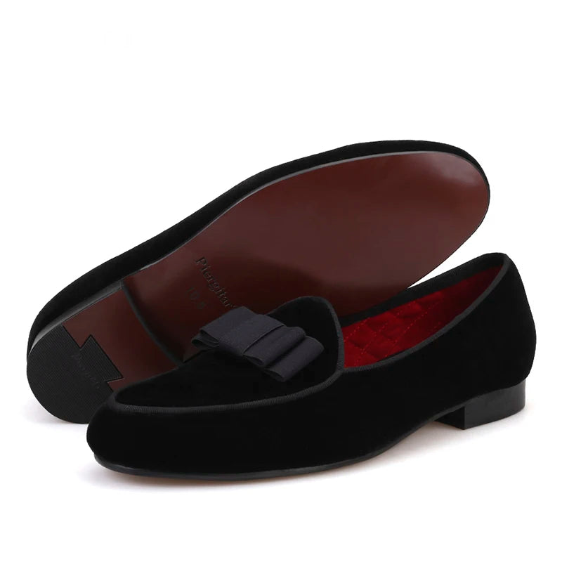 Piergitar new arrival Handmade Men velvet shoes with short Tongue and Bowtie Men party and wedding dress shoes Banquet loafers