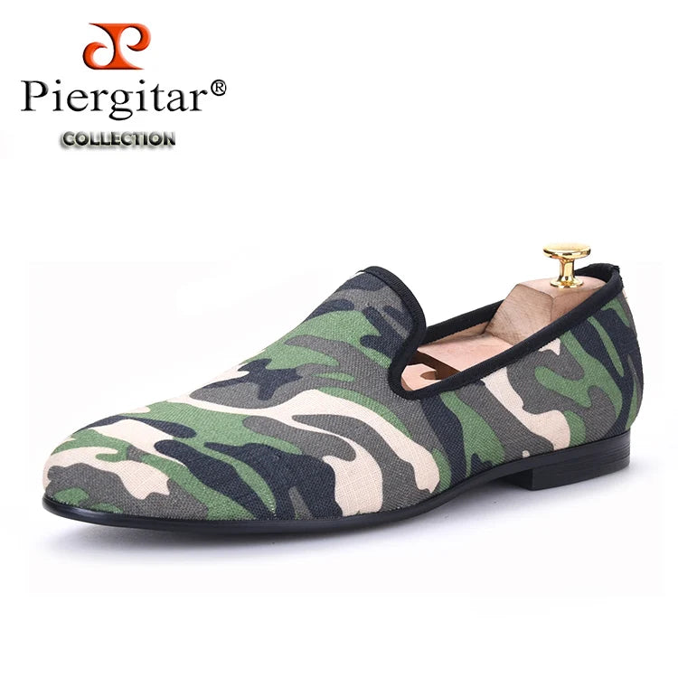 Piergitar British design classic-traditional loafers and military motif Camo print with leather insole men canvas casual shoes