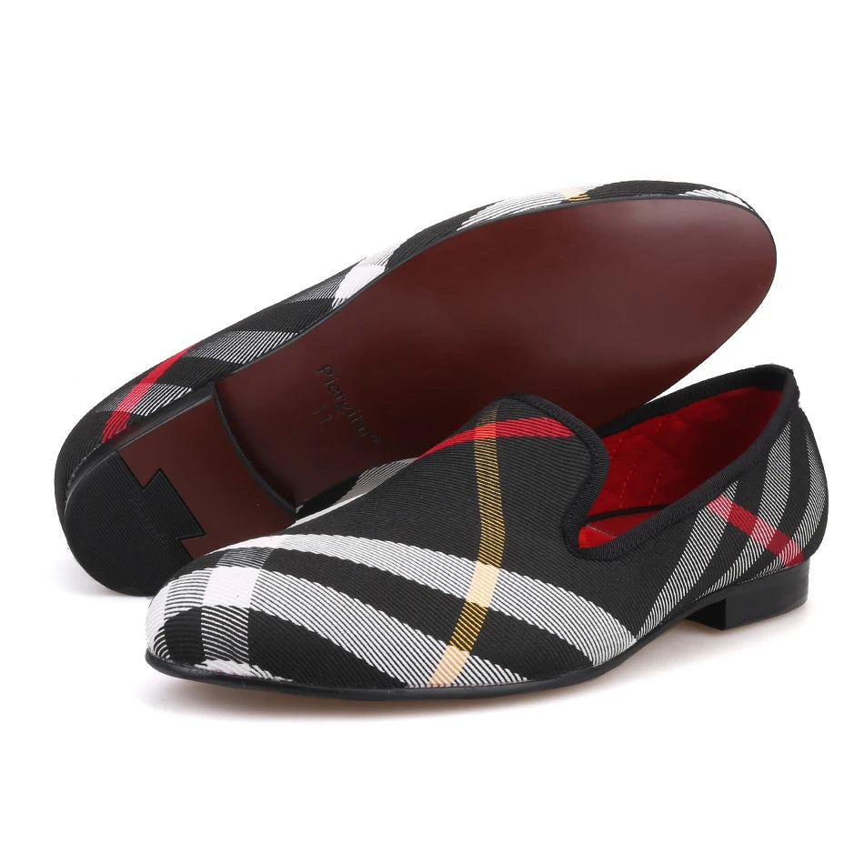 Piergitar Blue and white plaid canvas shoes luxurious brand men loafers black pig leather insole men's casual shoes men's flats