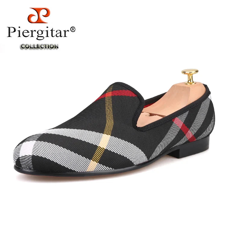 Piergitar Blue and white plaid canvas shoes luxurious brand men loafers black pig leather insole men's casual shoes men's flats