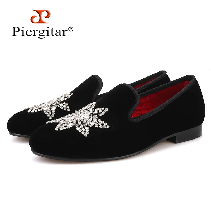 Piergitar New Style Black velvet Men Loafers with Silver Rhinestone Fashion Party and Banquet men's casual shoes slip-on