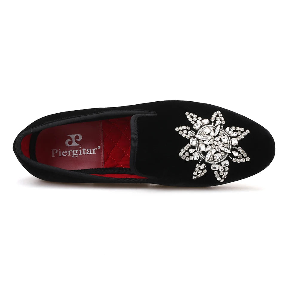 Piergitar New Style Black velvet Men Loafers with Silver Rhinestone Fashion Party and Banquet men's casual shoes slip-on