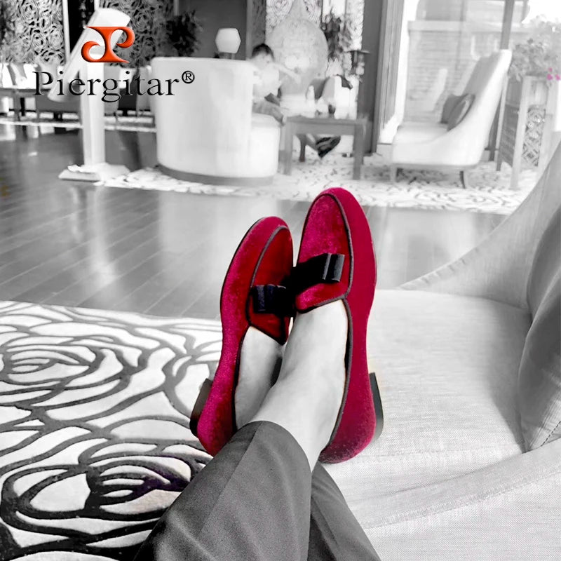 Piergitar new arrival Handmade Men velvet shoes with short Tongue and Bowtie Men party and wedding dress shoes Banquet loafers