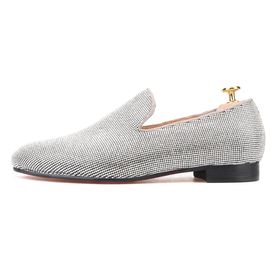Handmade men's smoking slippers and loafers in red bottoms for weddings and parties.