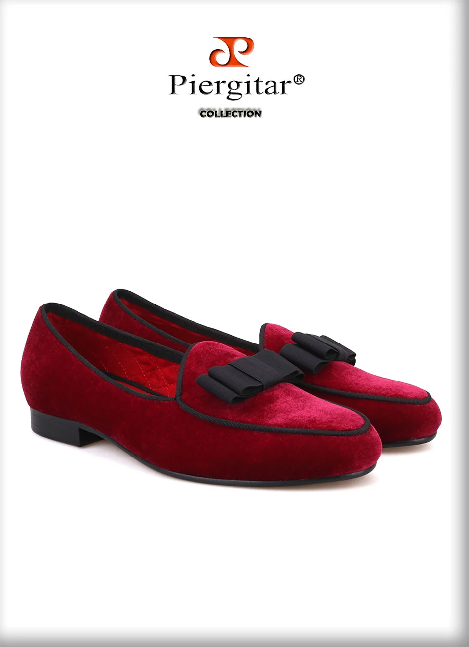 Piergitar new arrival Handmade Men velvet shoes with short Tongue and Bowtie Men party and wedding dress shoes Banquet loafers
