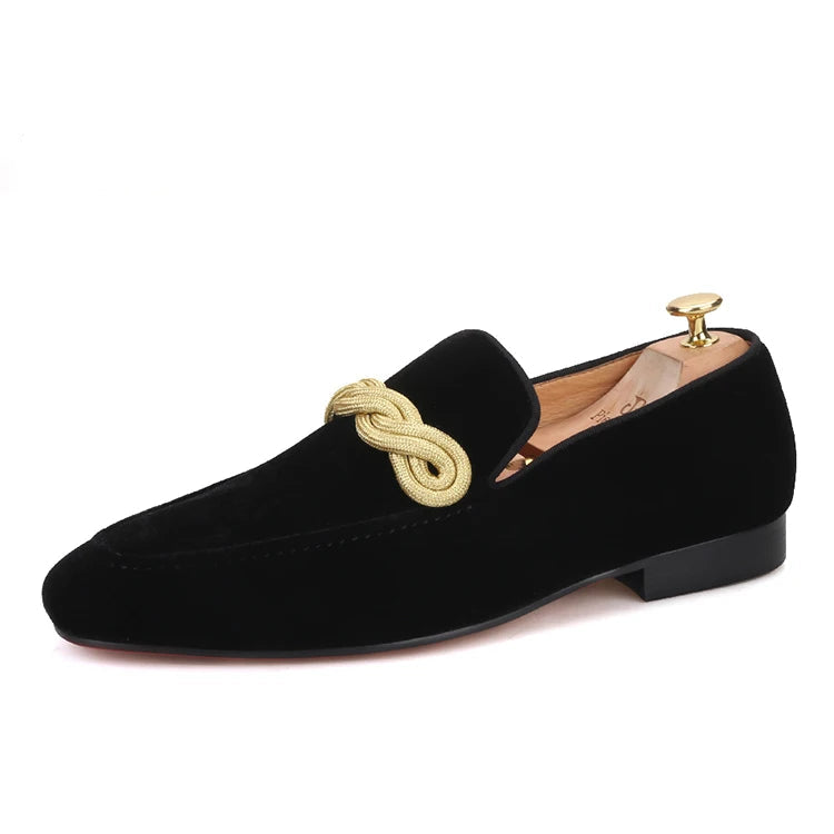 Men's smoking slippers with a gold rape design, made by hand.