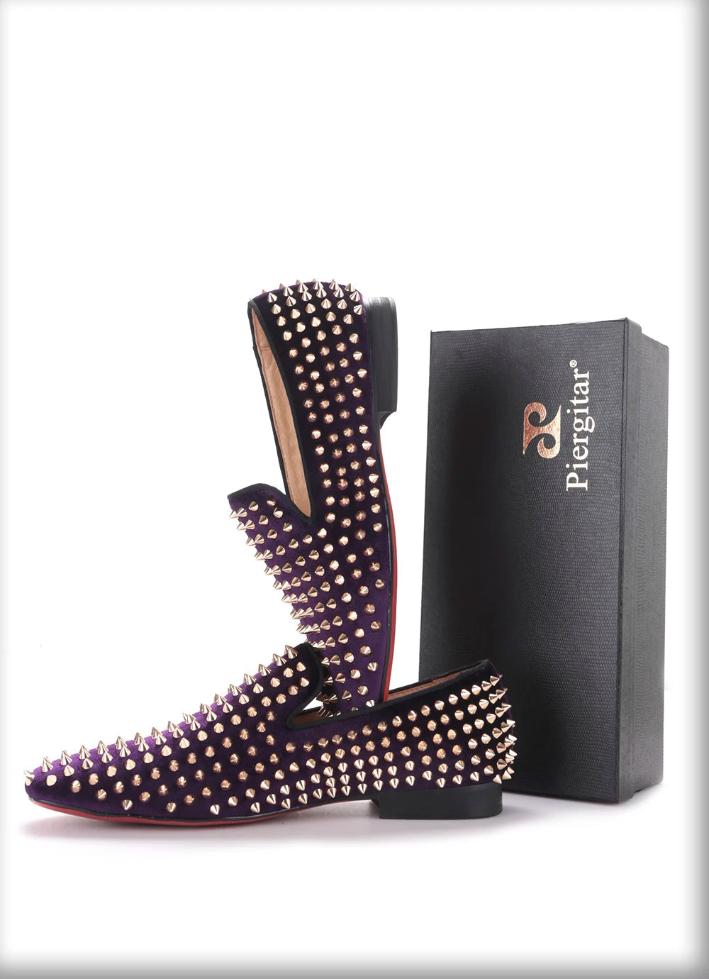 2019 Men's smoking slippers and party shoes in plus sizes made of purple velvet with gold rivets