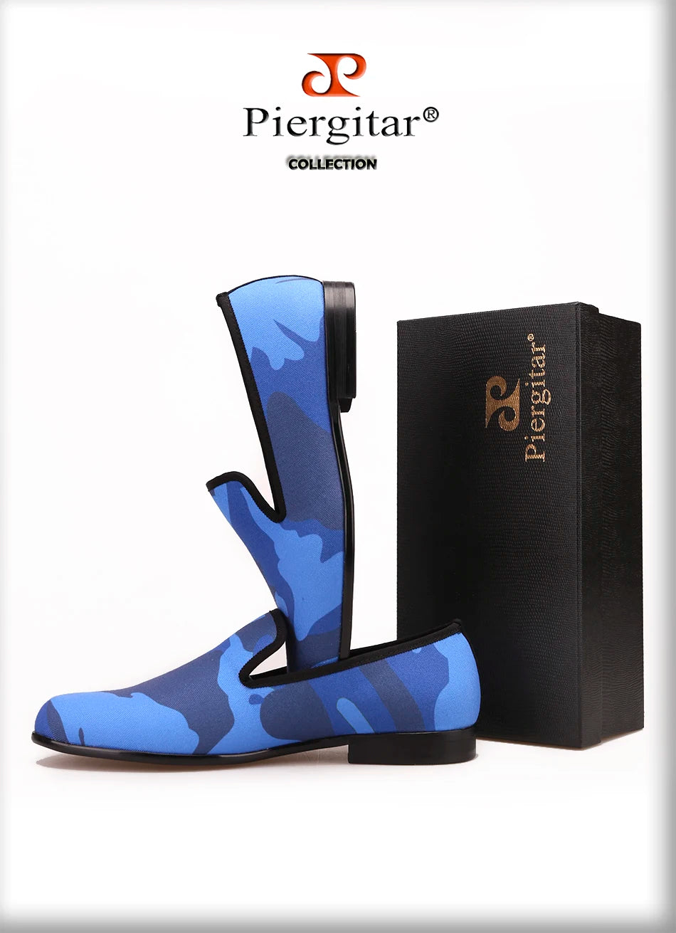 Piergitar Classic loafer styling composed of charged blue shades for a sophisticated yet playful appearance men smoking slippers