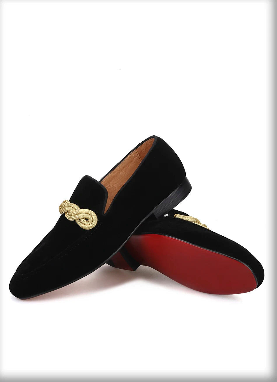 Men's smoking slippers with a gold rape design, made by hand.