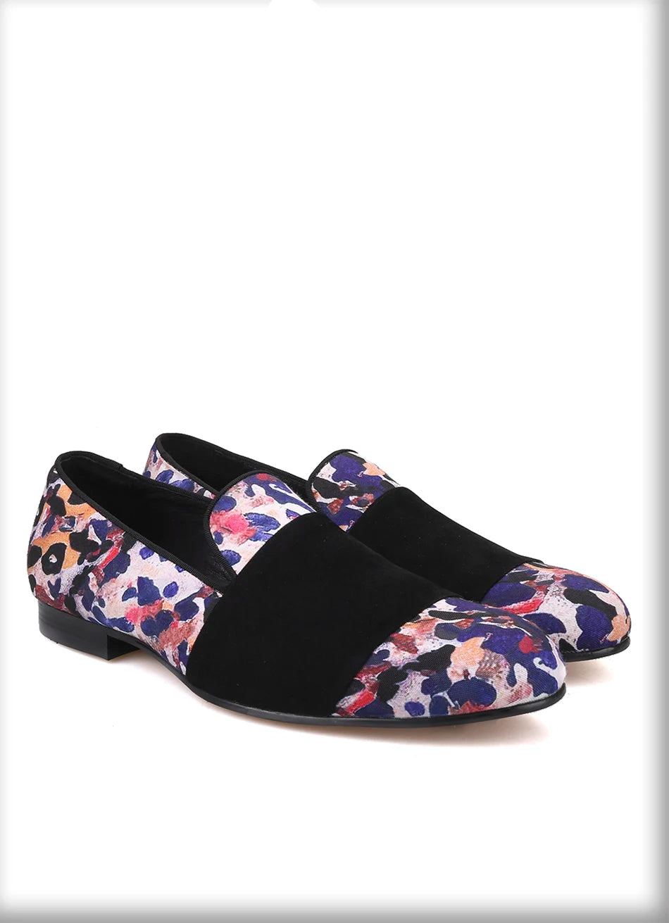Loafers for Men in Animal Print Cotton Fabric with Black Suede Straps Casual Style for Parties, Banquets and Prom