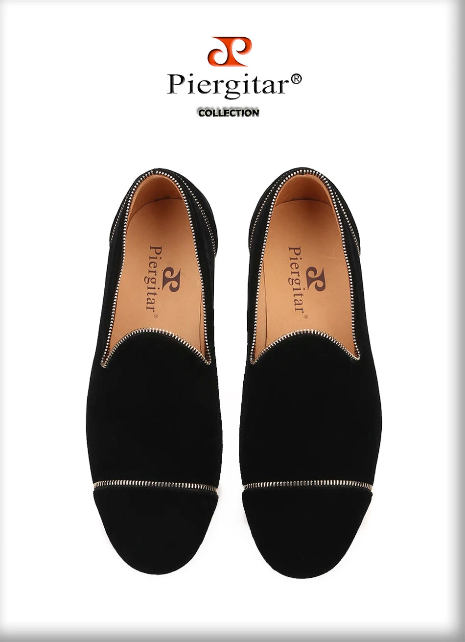 Piergitar Black colors velvet handmade men's loafers with Zippers design party and wedding smoking slippers leather insole
