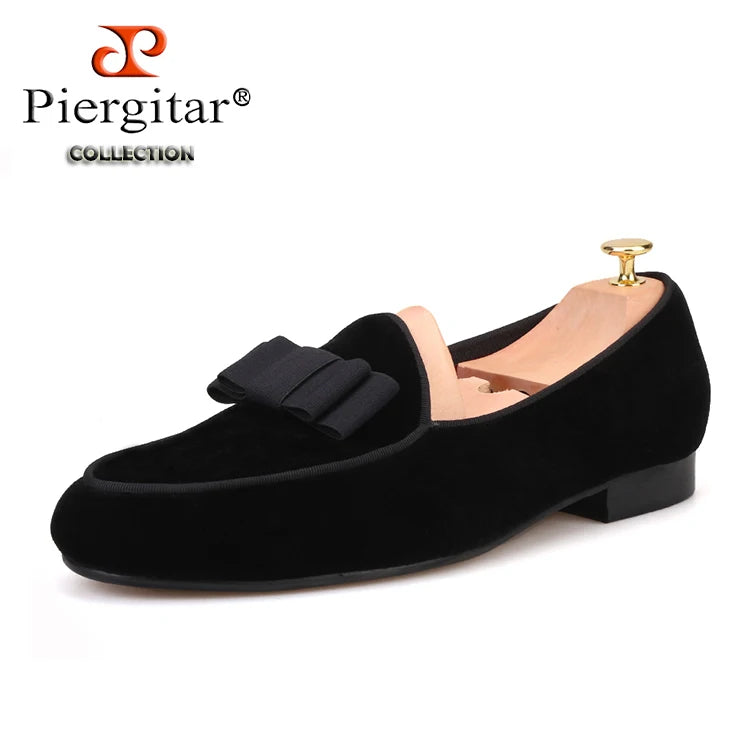 Piergitar new arrival Handmade Men velvet shoes with short Tongue and Bowtie Men party and wedding dress shoes Banquet loafers