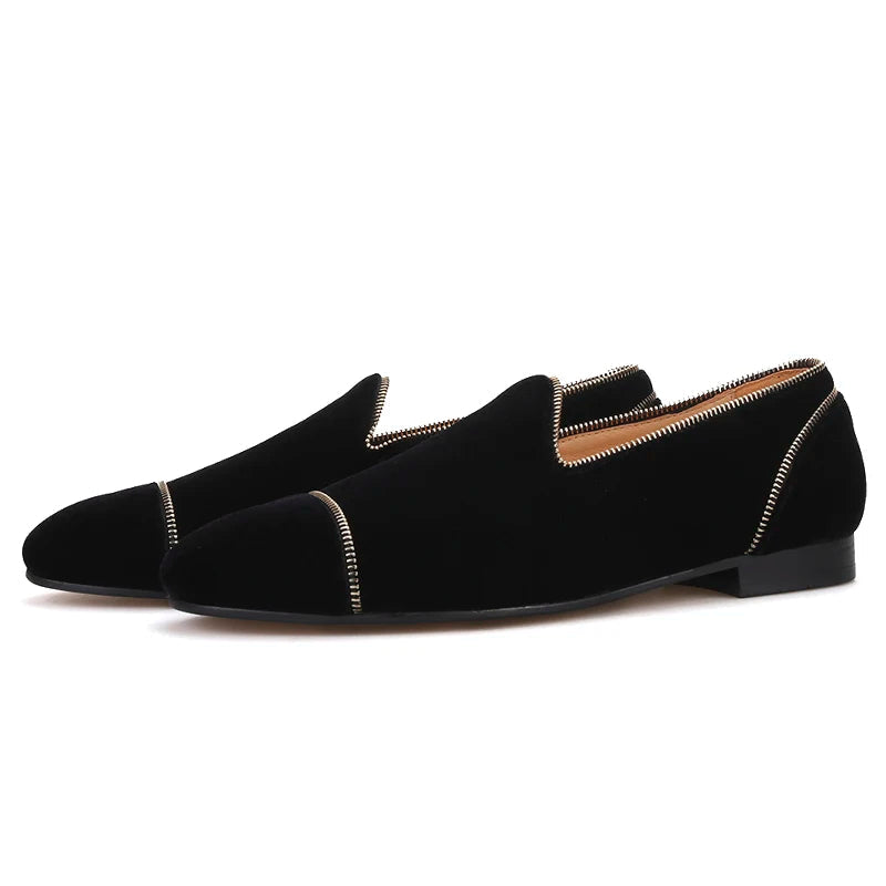 Men's smoking slippers with leather insole and Zipper design, black colors.