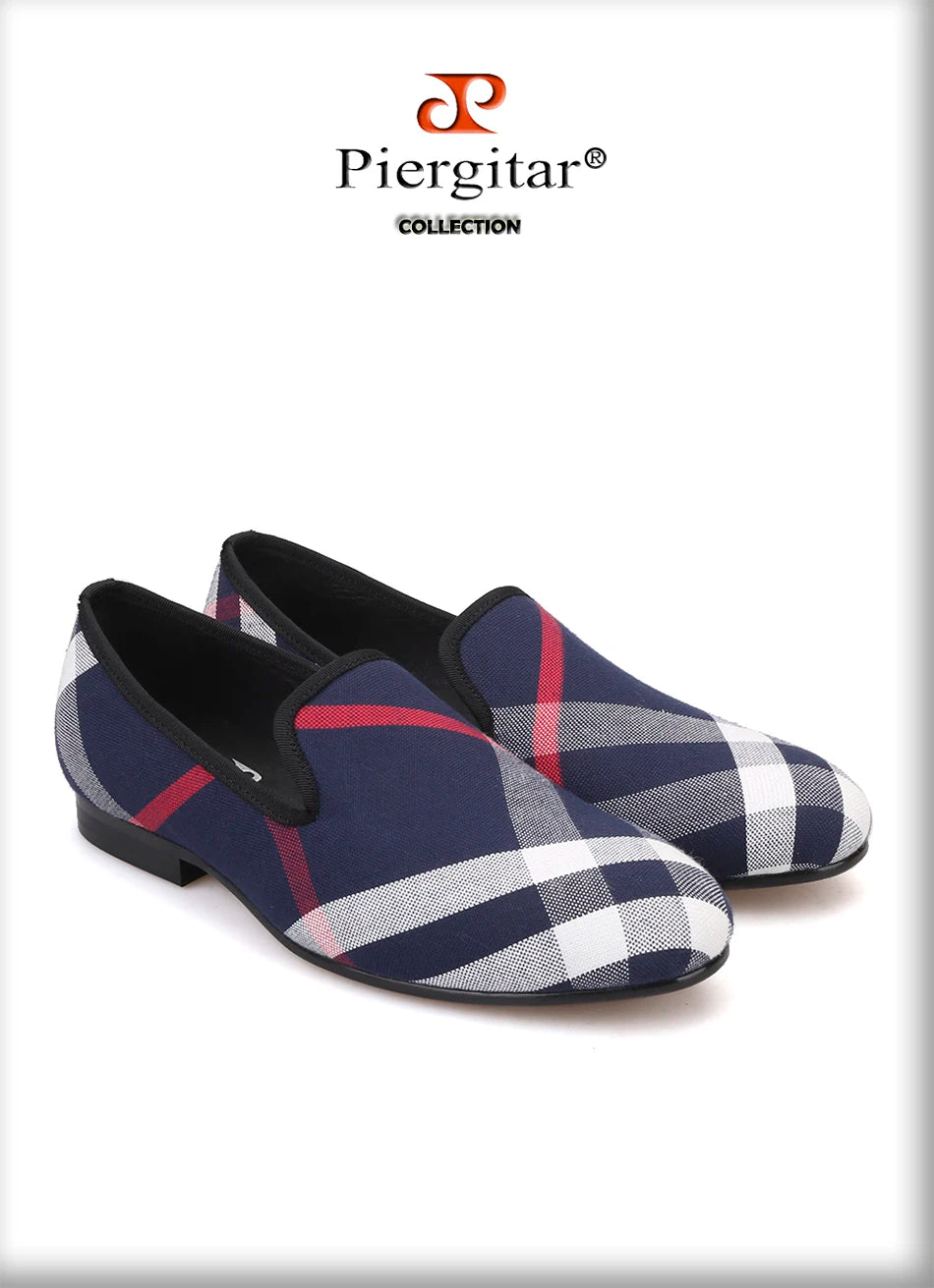 Piergitar Blue and white plaid canvas shoes luxurious brand men loafers black pig leather insole men's casual shoes men's flats