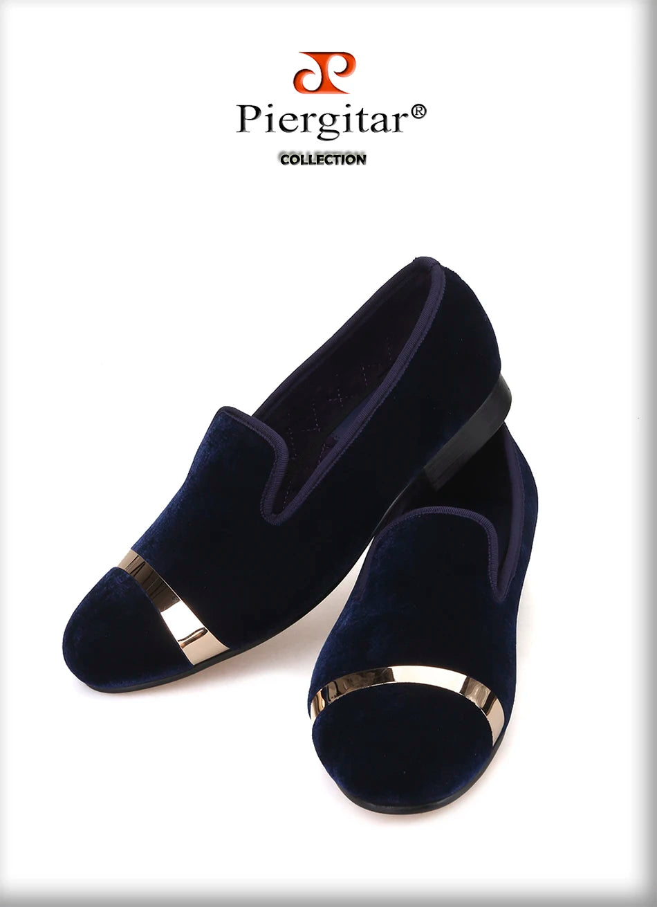 Piergitar new style Handmade men navy velvet shoes with gold metal on shoes toe fashion party wedding and banquet male loafers