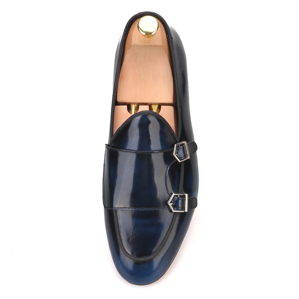Plus size men's smoking slippers with metal buckle and handmade calfskin dress shoes for men.