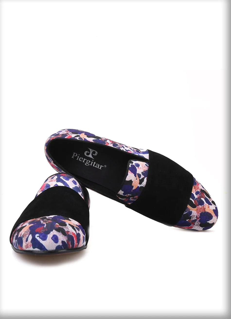 Loafers for Men in Animal Print Cotton Fabric with Black Suede Straps Casual Style for Parties, Banquets and Prom