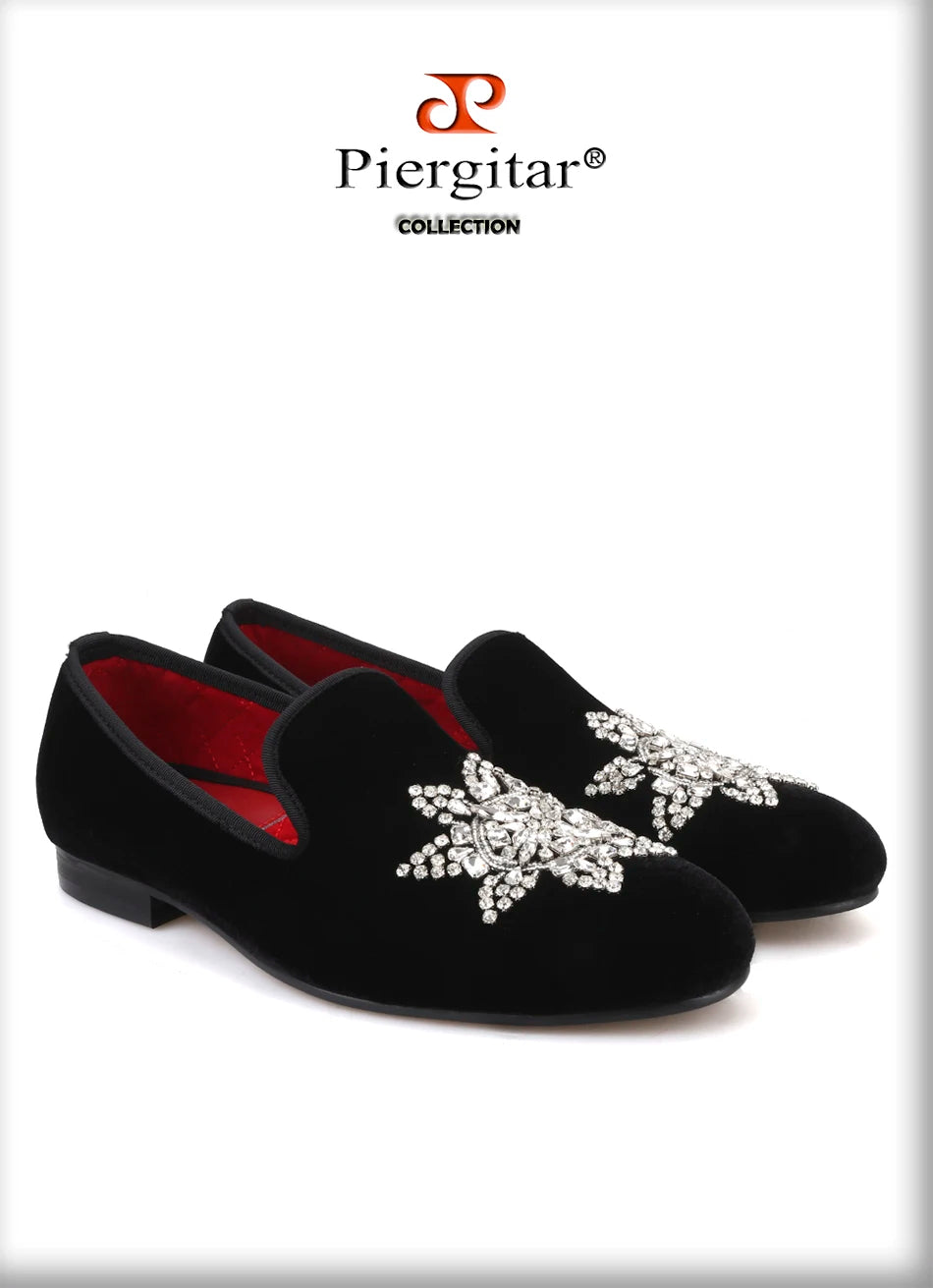 Piergitar New Style Black velvet Men Loafers with Silver Rhinestone Fashion Party and Banquet men's casual shoes slip-on