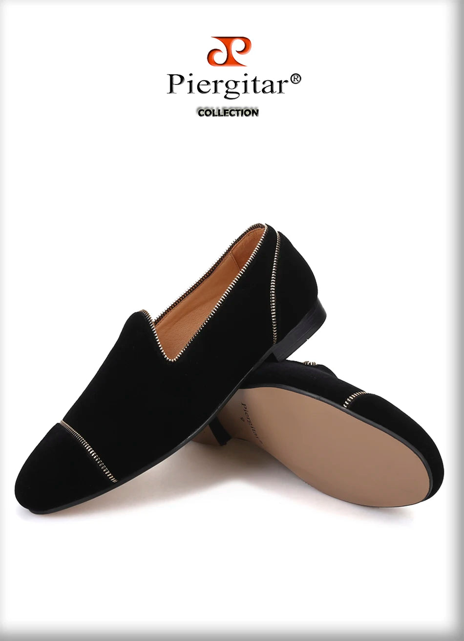 Piergitar Black colors velvet handmade men's loafers with Zippers design party and wedding smoking slippers leather insole