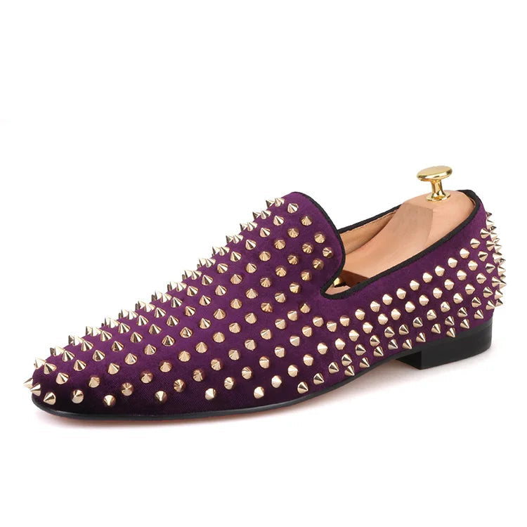 2019 Men's smoking slippers and party shoes in plus sizes made of purple velvet with gold rivets