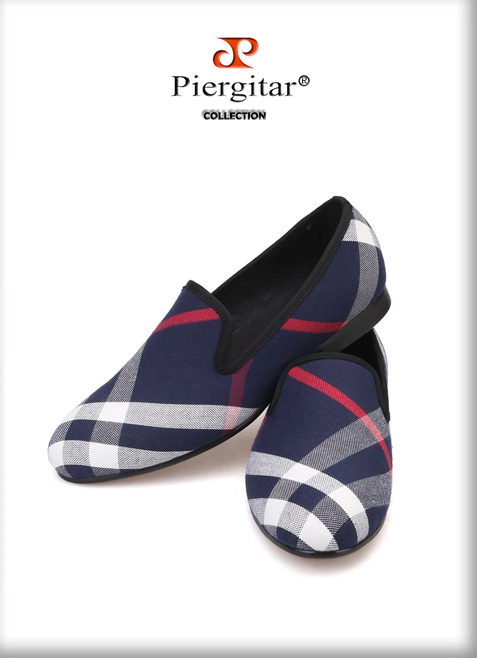 Piergitar Blue and white plaid canvas shoes luxurious brand men loafers black pig leather insole men's casual shoes men's flats
