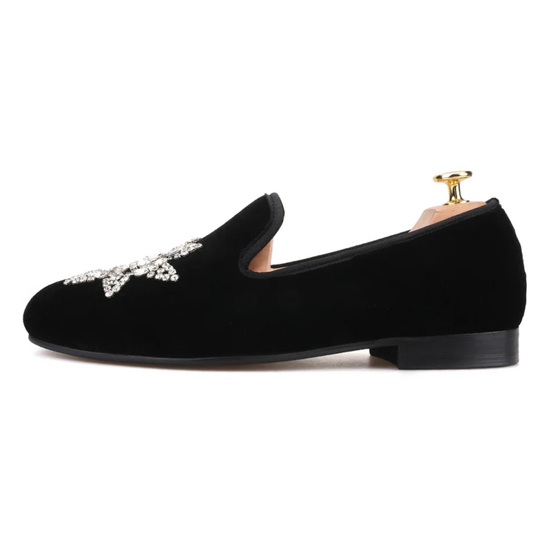 Piergitar New Style Black velvet Men Loafers with Silver Rhinestone Fashion Party and Banquet men's casual shoes slip-on