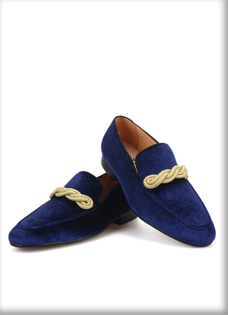 Men's smoking slippers with a gold rape design, made by hand.