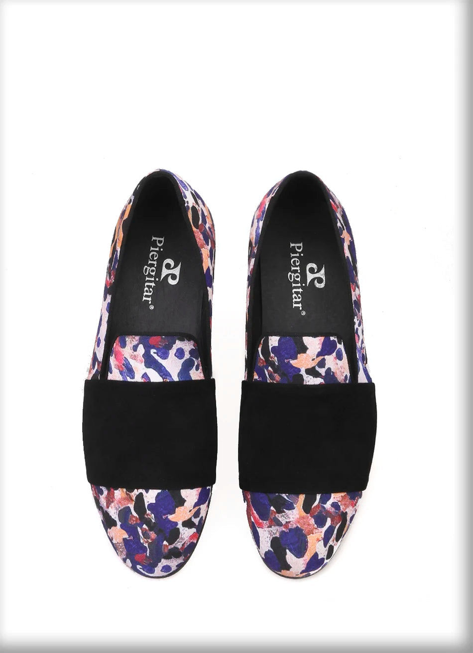 Loafers for Men in Animal Print Cotton Fabric with Black Suede Straps Casual Style for Parties, Banquets and Prom