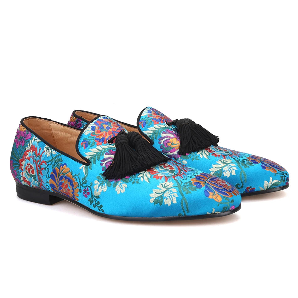 Piergitar brand 2019 new arrival Floral printing men loafers with big tassel wedding and prom men's silk shoes smoking slippers