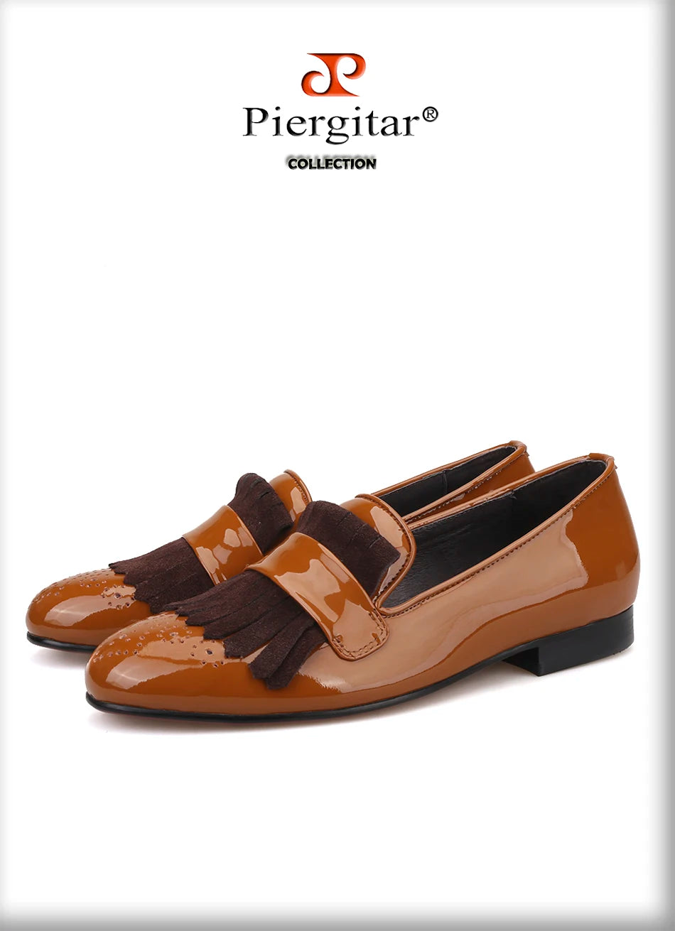 Piergitar New Style Handmade Patent Leather Shoes With Classical Brogue Printing And Suede Fringe Party/Wedding Men's Loafers