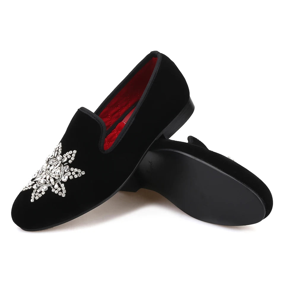 Piergitar New Style Black velvet Men Loafers with Silver Rhinestone Fashion Party and Banquet men's casual shoes slip-on