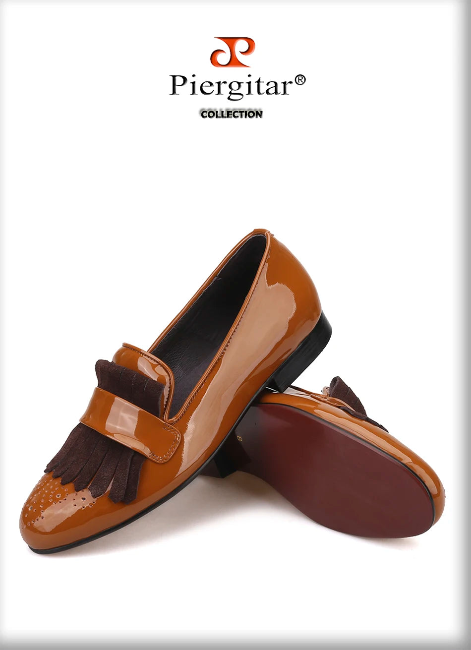 Piergitar New Style Handmade Patent Leather Shoes With Classical Brogue Printing And Suede Fringe Party/Wedding Men's Loafers