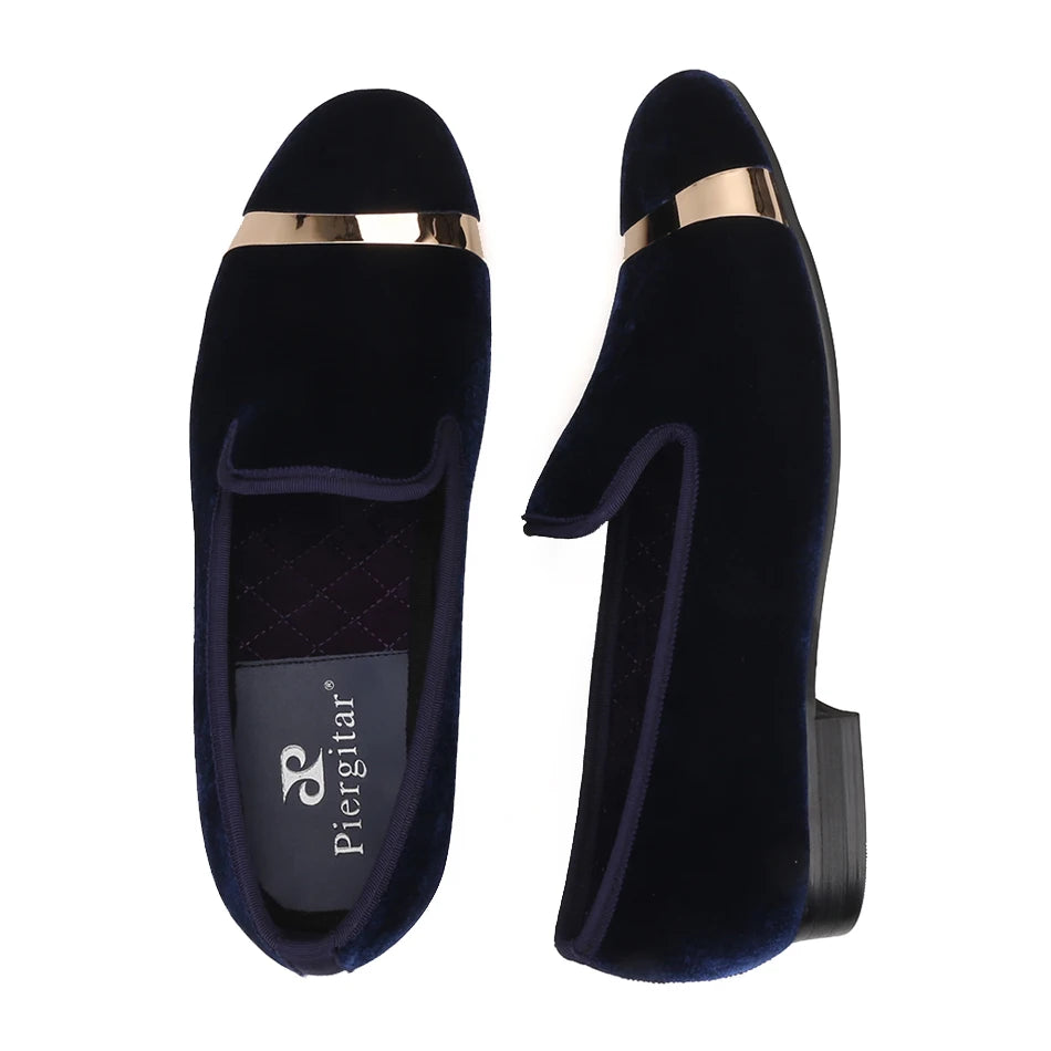 Piergitar new style Handmade men navy velvet shoes with gold metal on shoes toe fashion party wedding and banquet male loafers