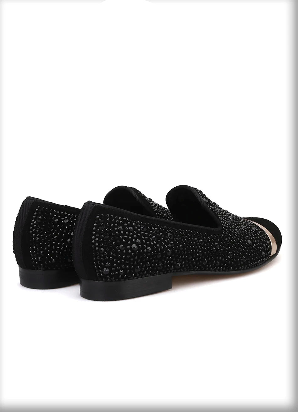 Handmade Black Diamonds men's suede loafer with gold strap and leather insole, for banquets and prom