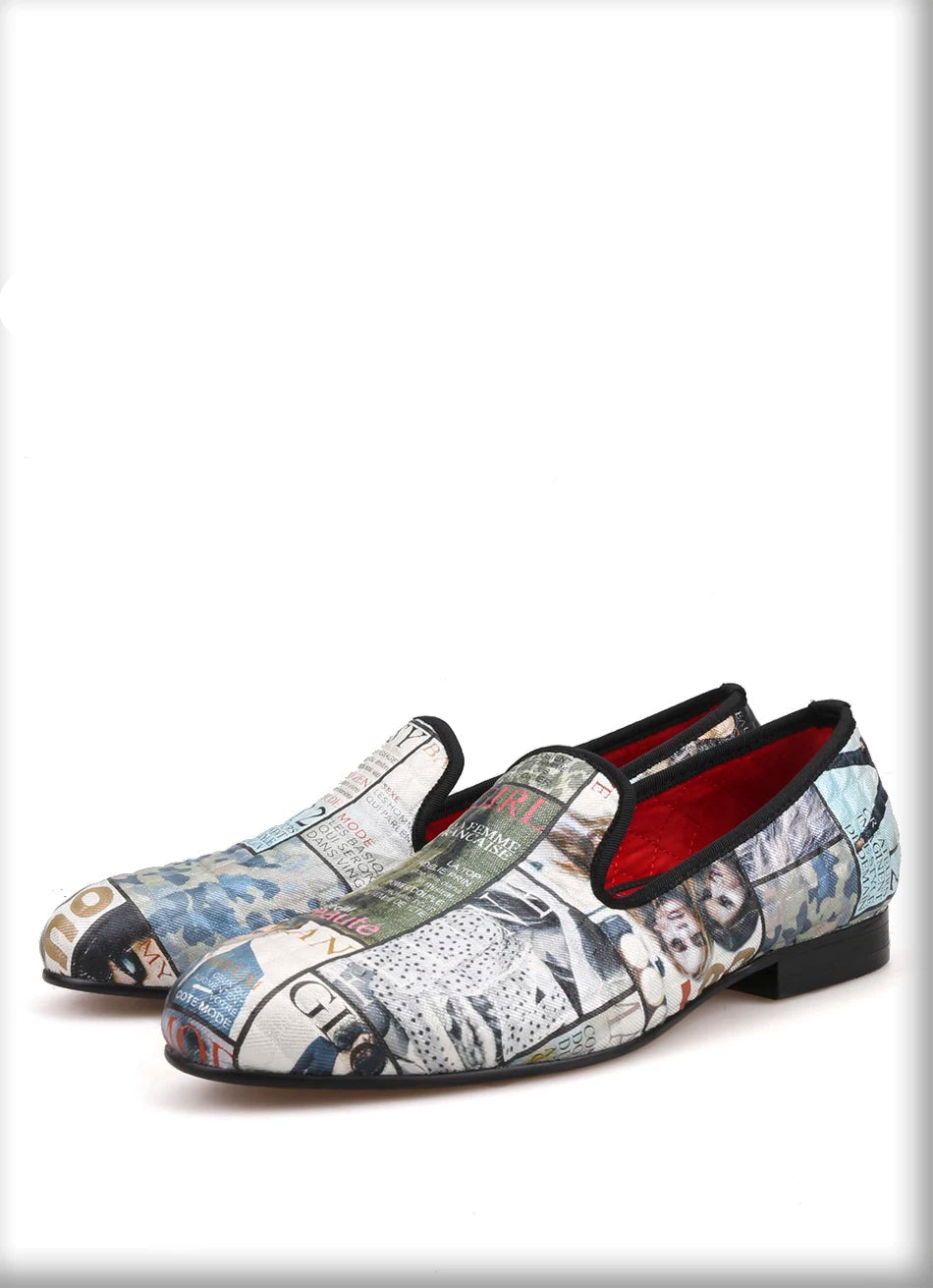 Men's casual shoes with red cotton insoles and a magazine-style graffiti fabric men loafer.