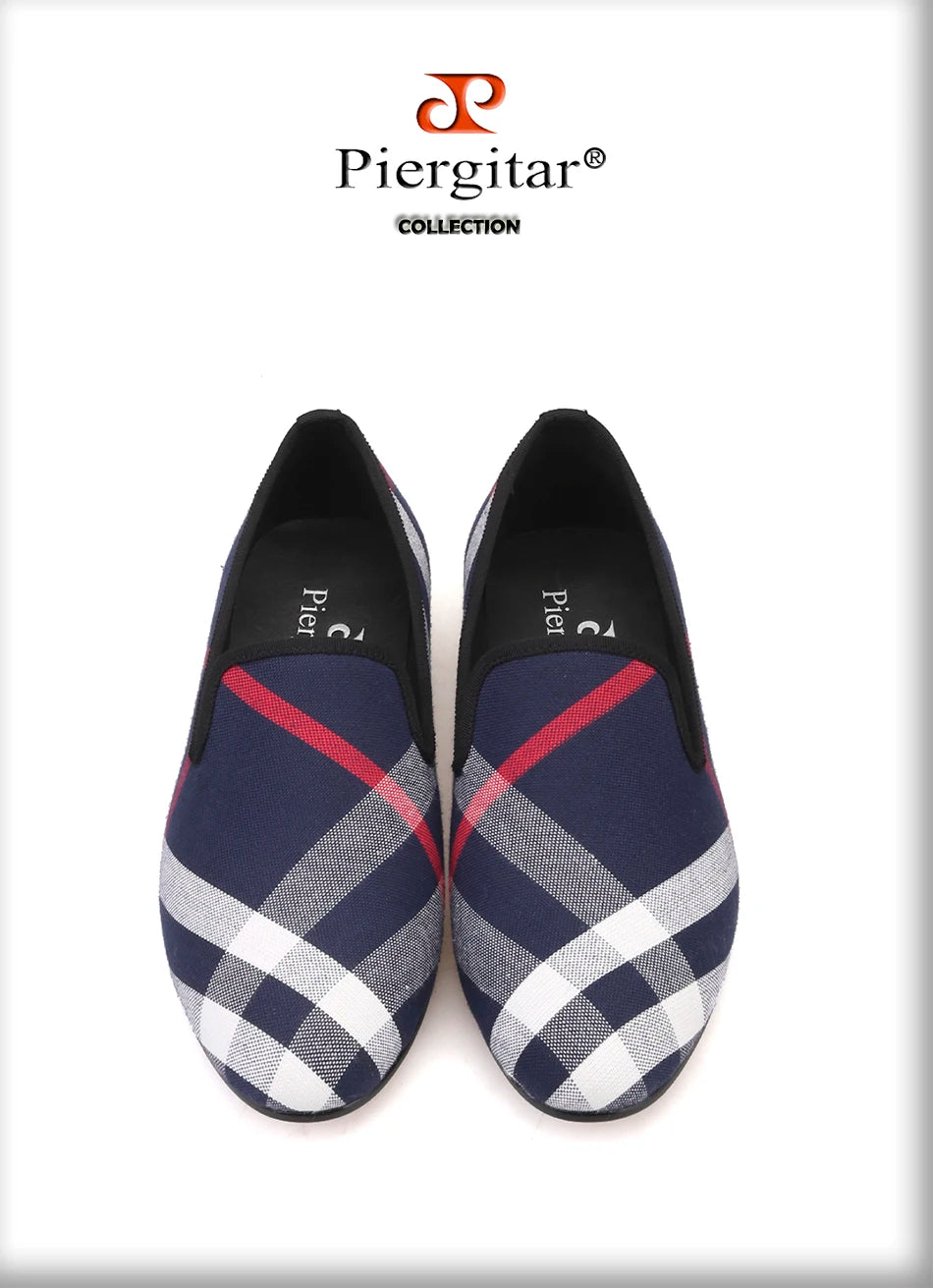 Piergitar Blue and white plaid canvas shoes luxurious brand men loafers black pig leather insole men's casual shoes men's flats