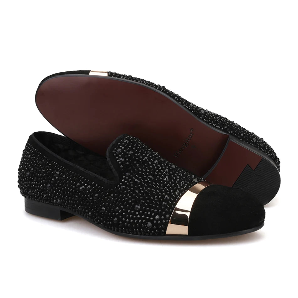 Handmade Black Diamonds men's suede loafer with gold strap and leather insole, for banquets and prom
