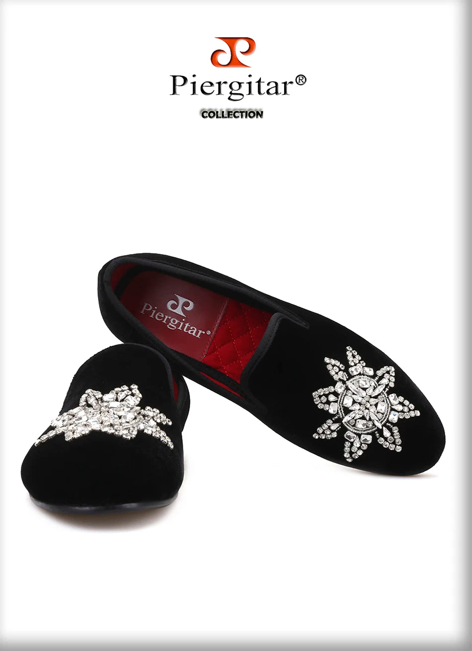 Piergitar New Style Black velvet Men Loafers with Silver Rhinestone Fashion Party and Banquet men's casual shoes slip-on